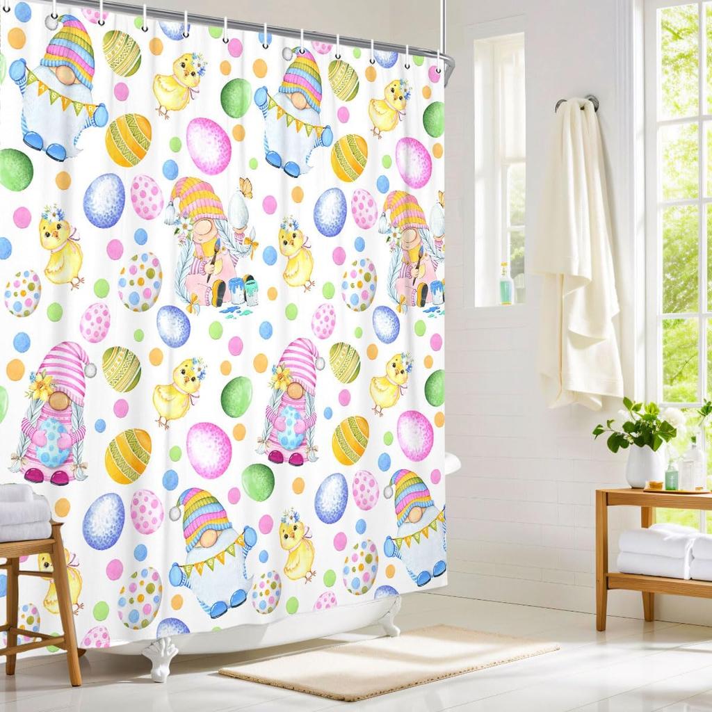 Easter Shower Curtain Cute Gnome Happy Easter Bathroom Decor Set with Colorful Easter Eggs, Cloth Fabric Bathroom Decor Set with