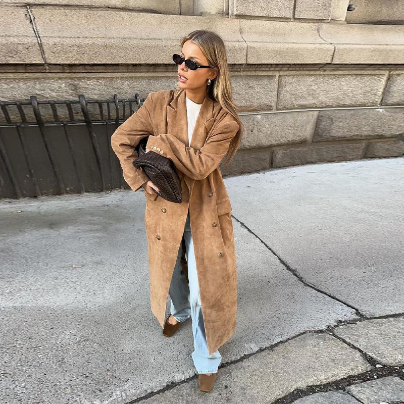 Wildleder Reversmantel Damen Winddicht und Warm Gerader Röhrenmantel Elegant Britischer Stil Pendler Oberbekleidung Herbst/Winter 2025