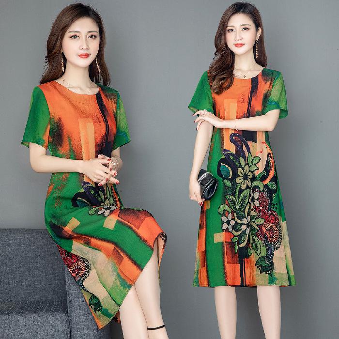 

Large size 55.5kg can wear dress mother dress summer round neck short sleeve medium and long middle-aged and elderly women s dress 4XL