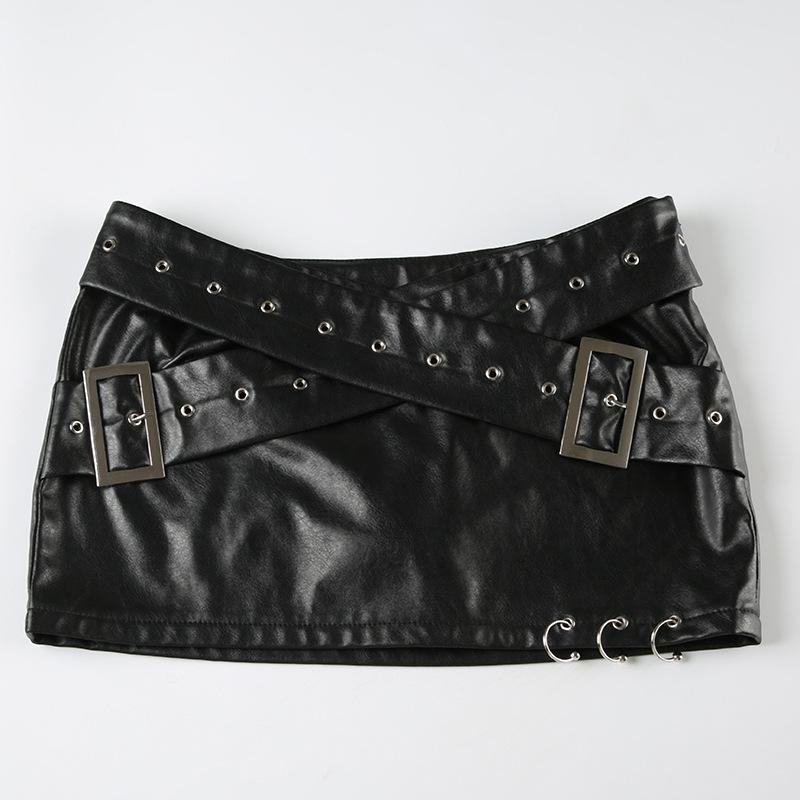 Women Heavy Leather V Low Waist Hip Personalised Punk Spice Girl Style Ring Buckle Decoration Cross Cock Eye Belt Short Skirt Suit
