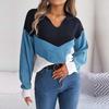 Women Casual Knit Pullover Sweater Autumn Winter Long Sleeve Polo Collar Contrast