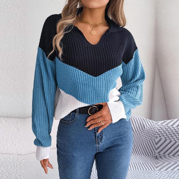 Women Casual Knit Pullover Sweater Autumn Winter Long Sleeve Polo Collar Contrast