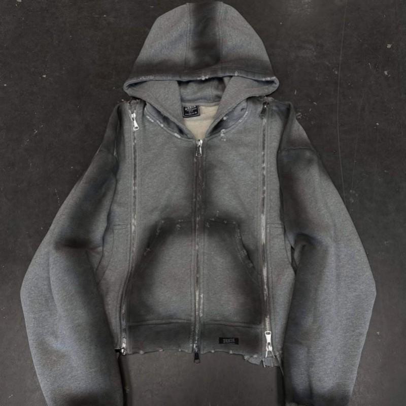 Gothic Streetwear Hooded Zip-Up Sweater Loose Fit Womens Dark Aesthetic Pullover With Embroidery