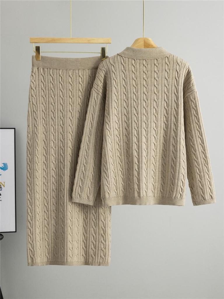 Women's Cable Knit POLO Collar Sweater & Skirt Set - Autumn/Winter 2025 Age-Reducing Style
