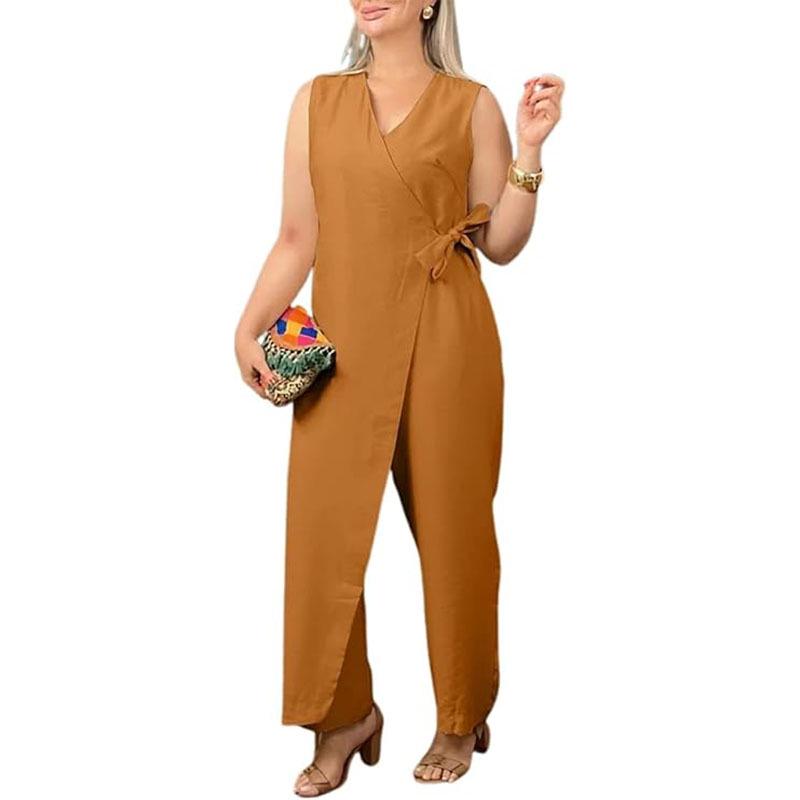 2026 Spring/Summer Women s Solid Color Casual V-neck Tie-up Jumpsuit 3XL
