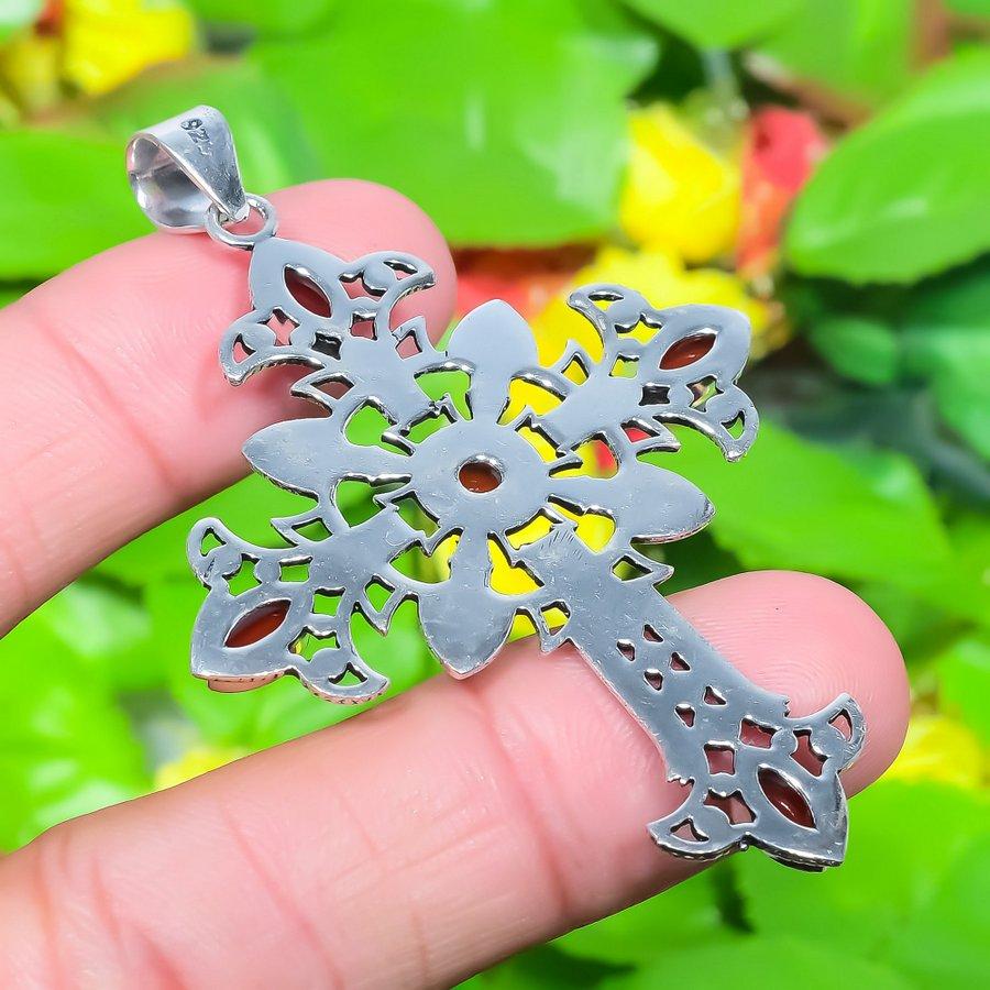 Natural Cross- Red Carnelian Gemstone 925 Sterling Silver Pendant 2.68" r9h88