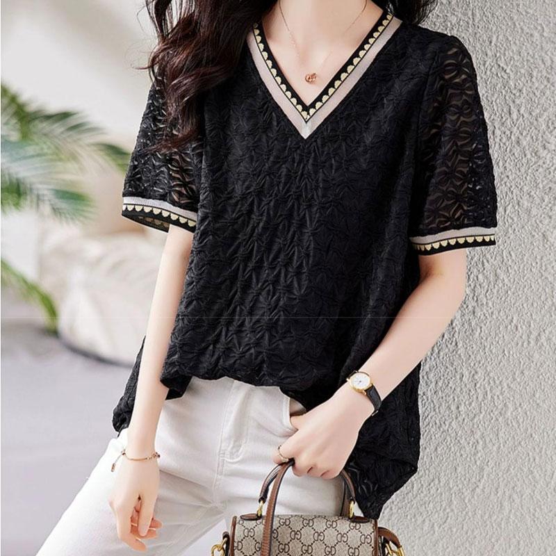 Koreanisches einfarbiges Mode-Spleißhemd Sommer dünn Kurzarm Pendeln Damenbekleidung lässig V-Ausschnitt locker Allround-Bluse