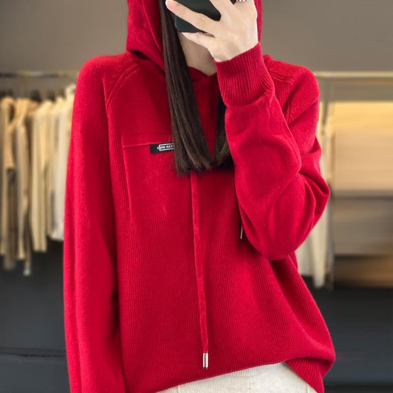 DAFIFY Women's Fashion Casual Fall Winter Solid Color Print Long Sleeve Hooded Sweaters