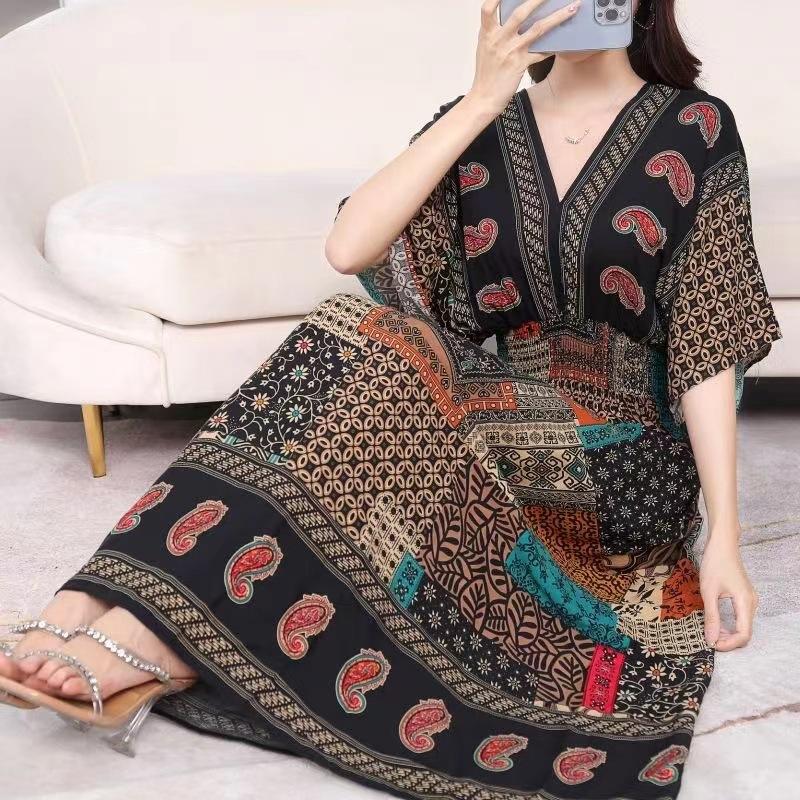 Ethnic Style V-neck Cotton and Silk Short-sleeved Beach Dress Thailand Travel Dress Summer Print Vacation Floral Skirt