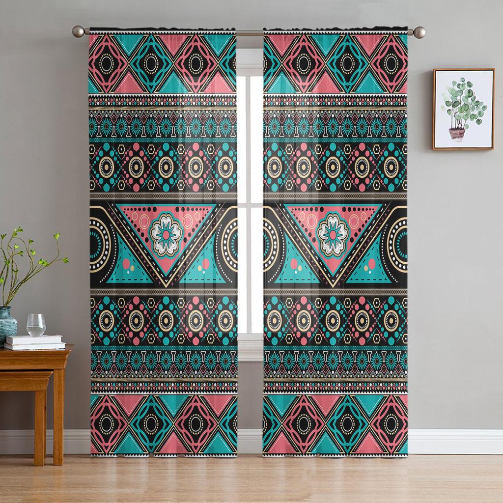 Retro Pattern Geometric Texture Art Deco Sheer Curtains for Living Room Decoration Window Curtain Kitchen Tulle Voile Drapes