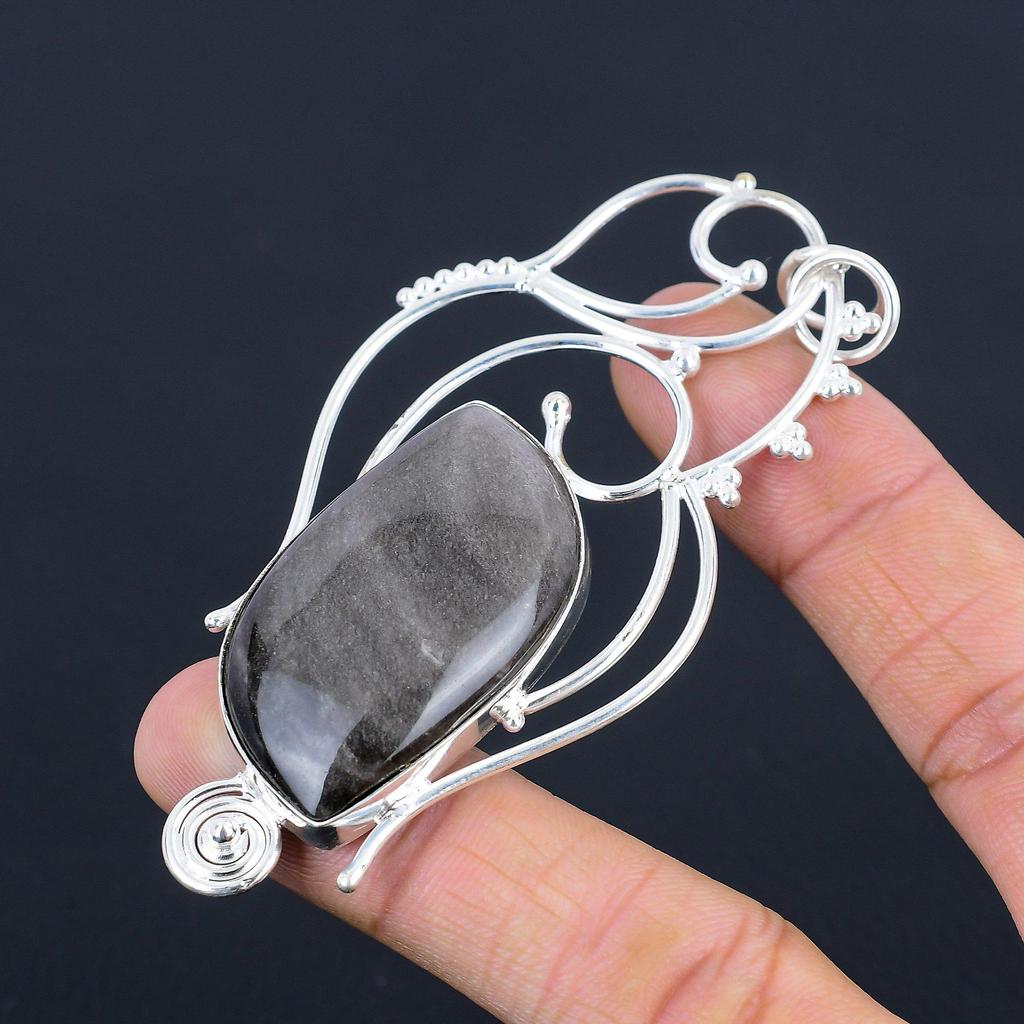 Daughters Day Sale 925 Sterling Silver Silver Sheen Obsidian Stone Boho Pendant