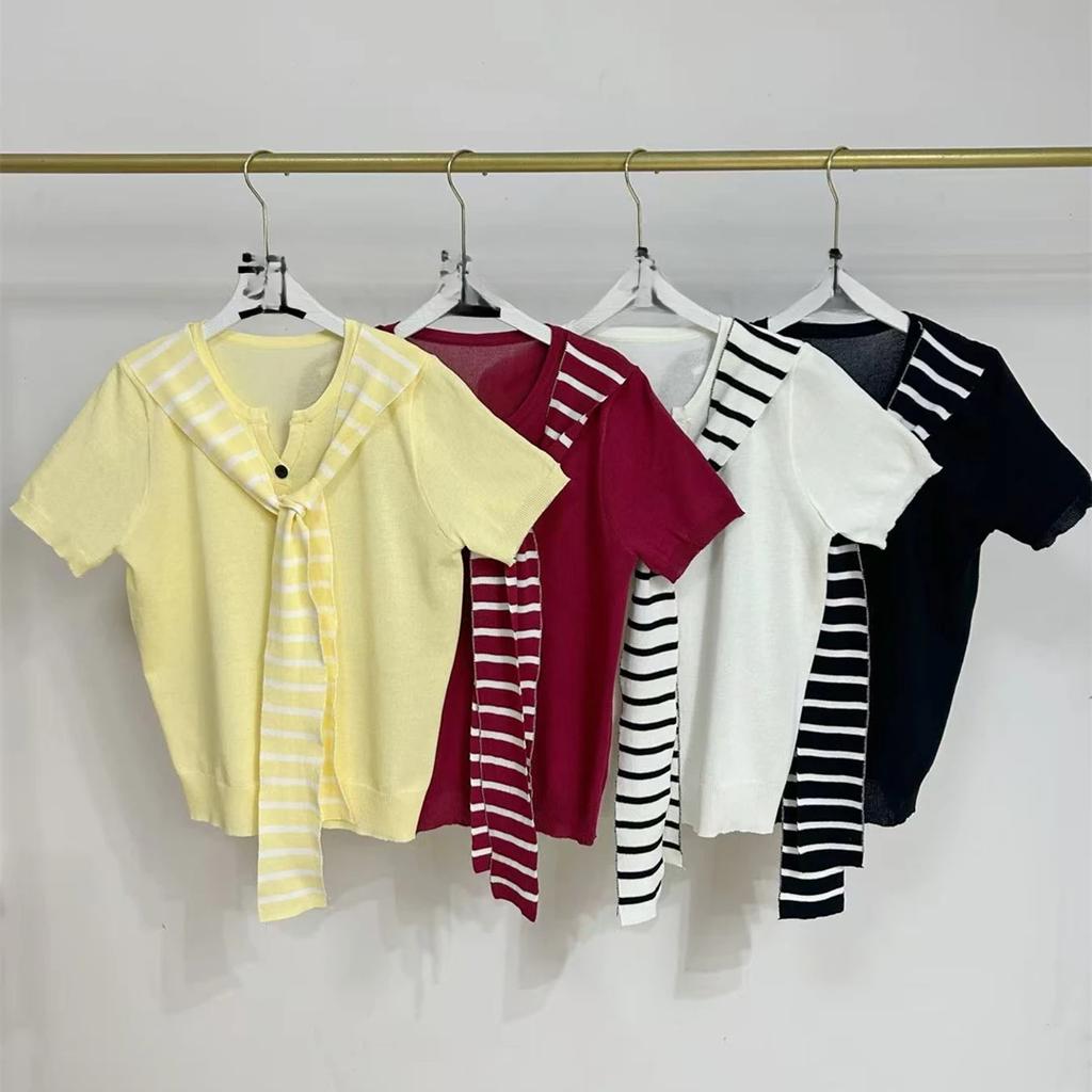 Striped Shawl fake two pieces sweater Versatile Short Sleeve casual Knitted Top For Spring & Summer Women's Clothing yellow Tops