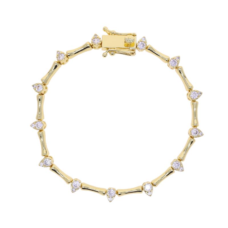 

Золотой цвет Циркон Форма слезы Шарм Бамбуковая кость Форма Теннисная цепочка Модный Женский Браслет 17cm золотой