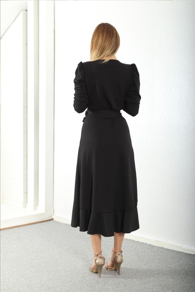 Women's Big Size Dress Black Wallpaper Belted Midi Dress