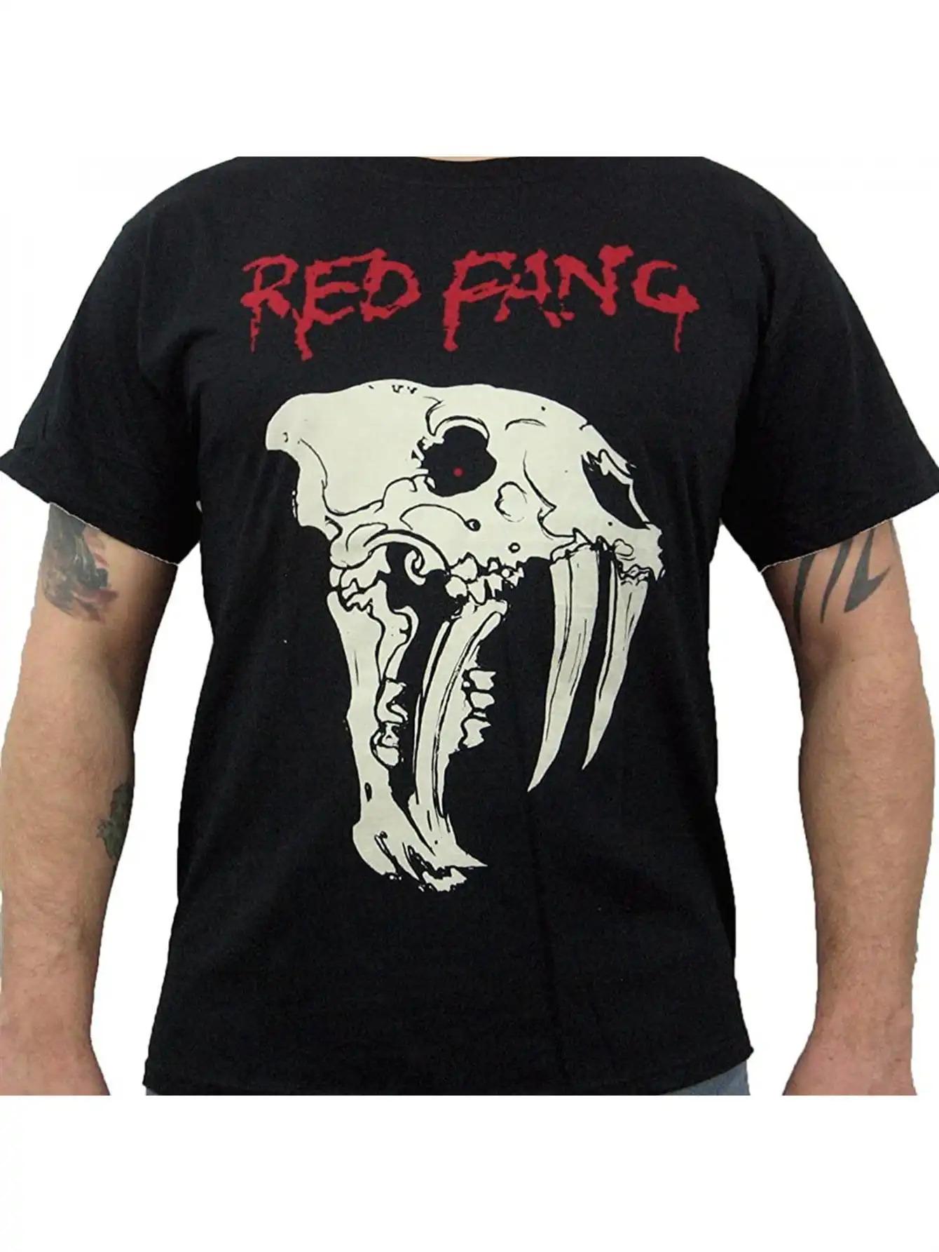 Men s Vintage Red Fang Rock Band T-Shirt - Black Short Sleeve Tee with White & Red Animal Skull & Logo Print XXL