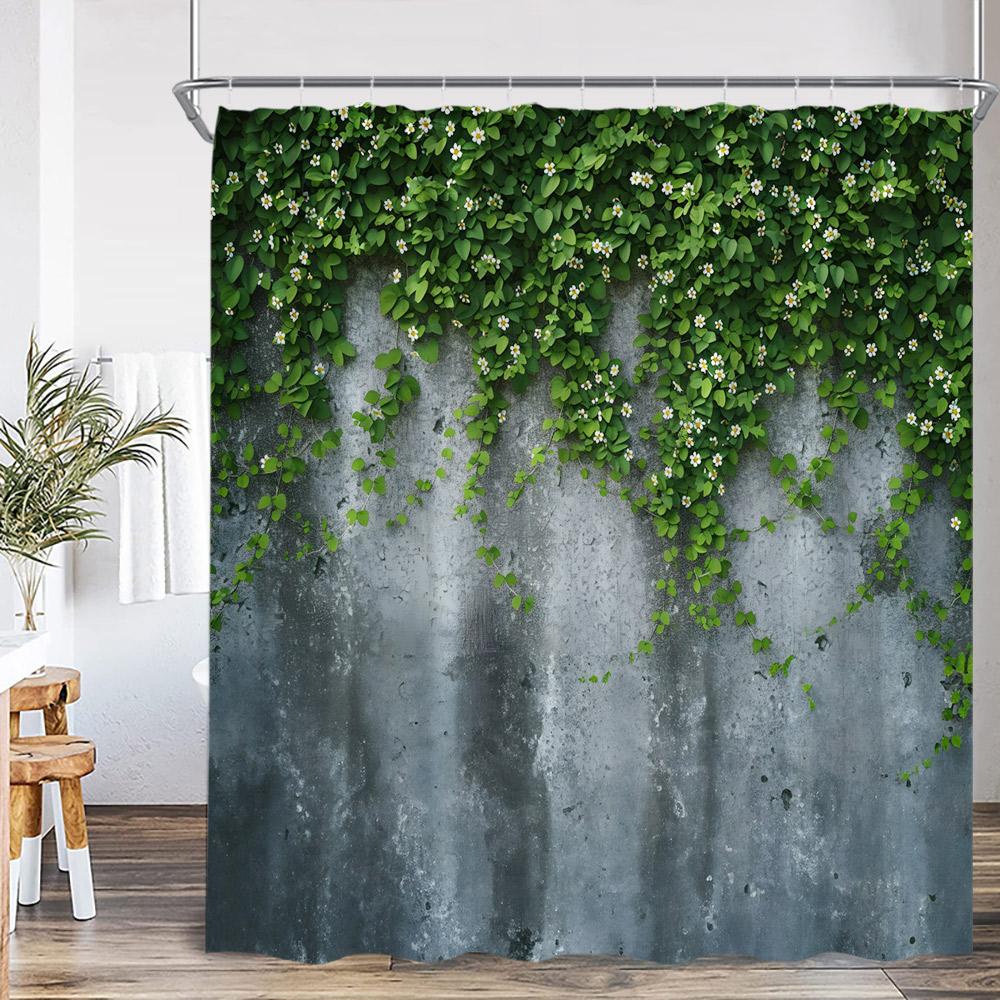 Green Vine Gray Wall Shower Curtain Green Leaf Plant White Purple Flower Nature Bathroom Decor Polyester Fabric Bath Curtain