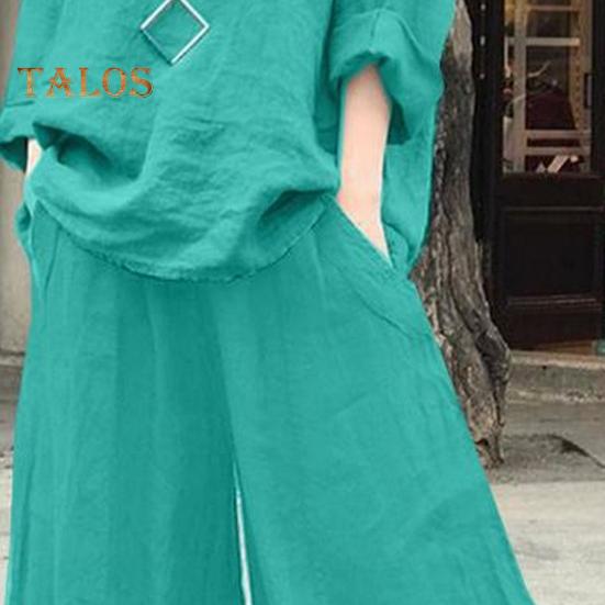 2 ks/sada Dámské svrchní kalhoty set kulatý výstřih Retro halenka s dlouhým rukávem Široké nohavice elastický pas Kalhoty Volný outfit pro každodenní volný čas