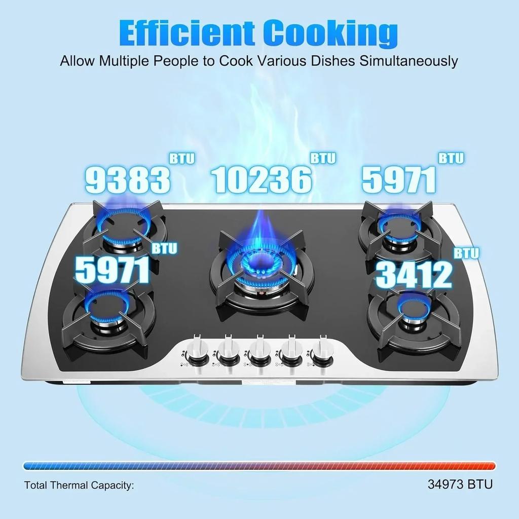 5 Fire Gas Stove Gas Stove with Automatic Thermoelectric Protection, Natural Gas/propane, Black Glass, Used In Family Kitchen