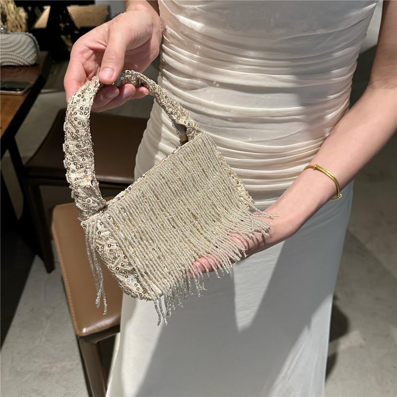 

2025 Luxury Women Vintage Handmade Beaded Tassel Evening Bag Brand High-end Party Shiny Handbag Trendy Bridal Banquet Clutch Bag