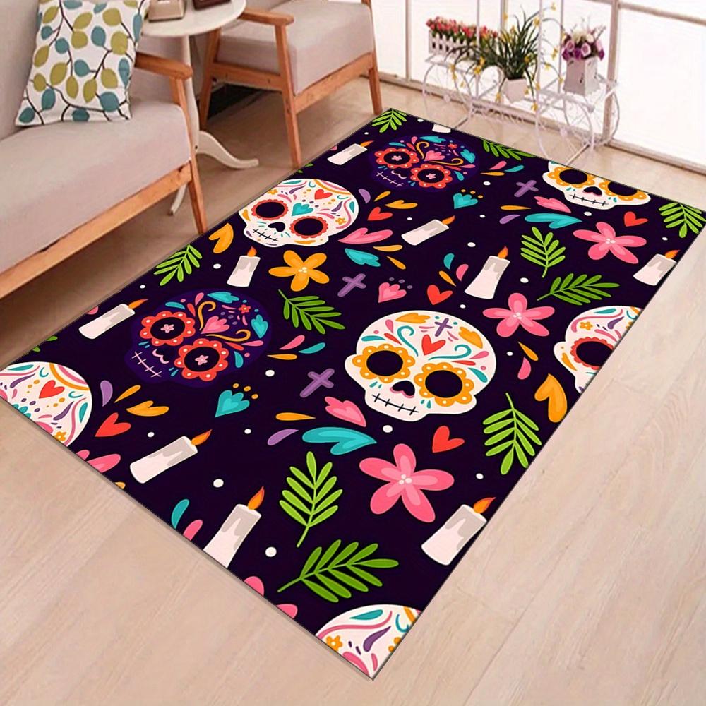 Vibrant Day of the Dead Skeleton Area Rug - Colorful Skull & Floral Design, Crystal Velvet, Perfect for Living Room, Bed