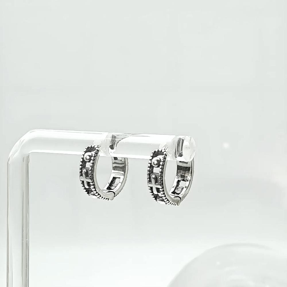 S925 Silver Vintage Cross Antique Huggie Hoop Earrings · From Korea