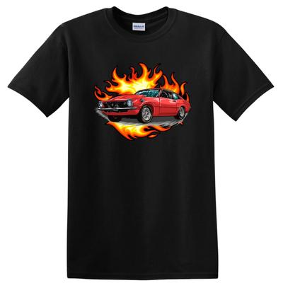 Red Classic Car W/ Flames Graphic T Shirt Vintage Muscle Tee for Auto Lovers