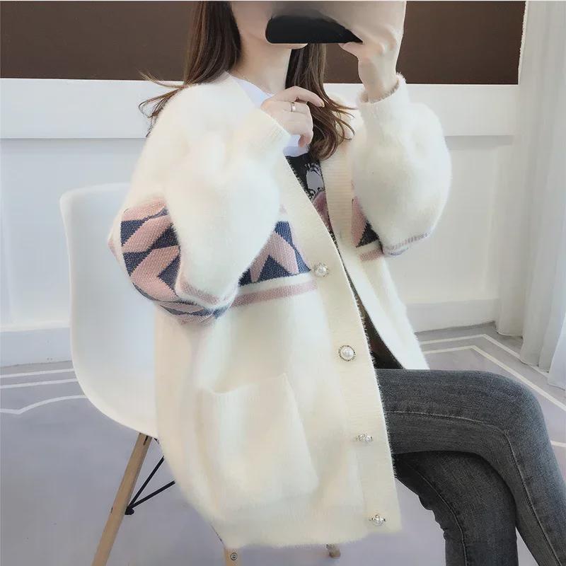 "2024 Hot-Selling Women's Mink Velvet Knitted Cardigan Sweater - Spring/Autumn Medium-Length"