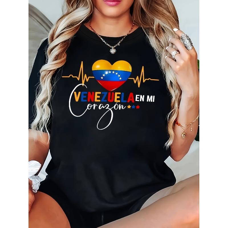 

Women Plus Size Venezuela Heart Alphabet Print T-Shirt Crew Neck Short Sleeve All Season Casual Top 4XL чорний