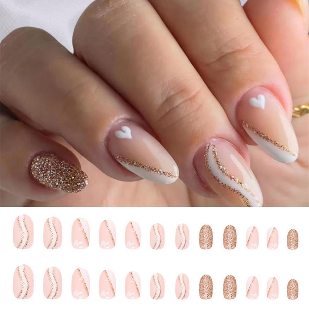 24 Pcs Simple Pink Press On Nails With Silver Glitter Powder Decor Removable Fake Nail Tips Set
