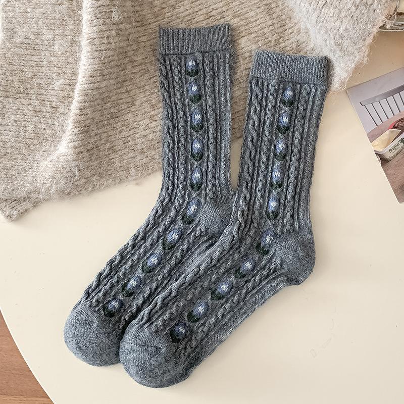 Socks Medium Tube Socks Season Retro Twist Pattern Wool Socks Piled And Thickened To Keep Warm Cute Flower Stockings Women
