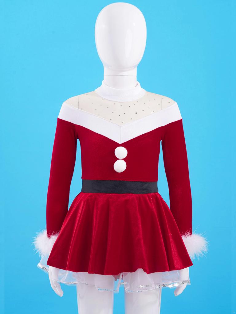 Kids Girls Christmas Miss Santa Claus Costume Long Sleeve Velvet Dance Performance Leotard Dress