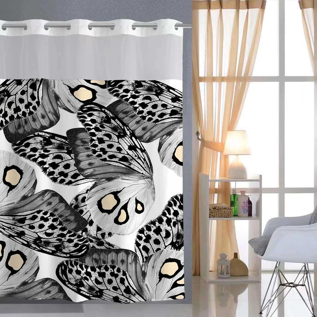 Tonnika Chen No Hook Butterfly Pattern Shower Curtain With Snap-In Fabric Liner, Sheer Top Window, Waterproof Double Layer Bathtub Curtain