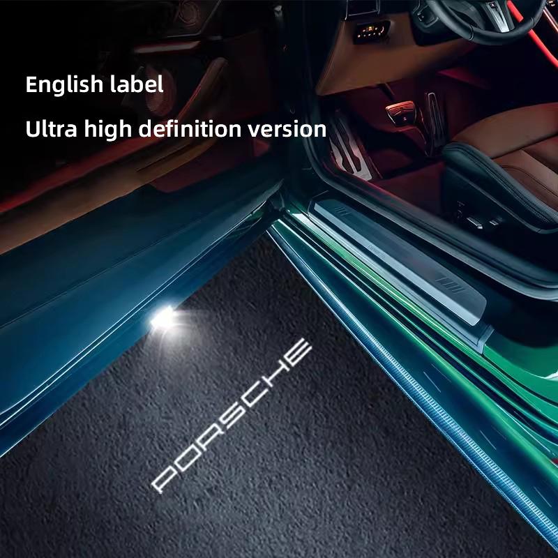 2Pcs Car Door HD Projector Lamp LED Decoration Atmosphere Light For Porsche Cayenne Panamera Macan 911 718 Taycan Boxster Cayman