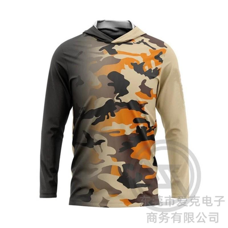 Mens Quick-Dry Long Sleeve Fishing Jacket With Hood Camouflage UV Protection Outdoor Sport Wear