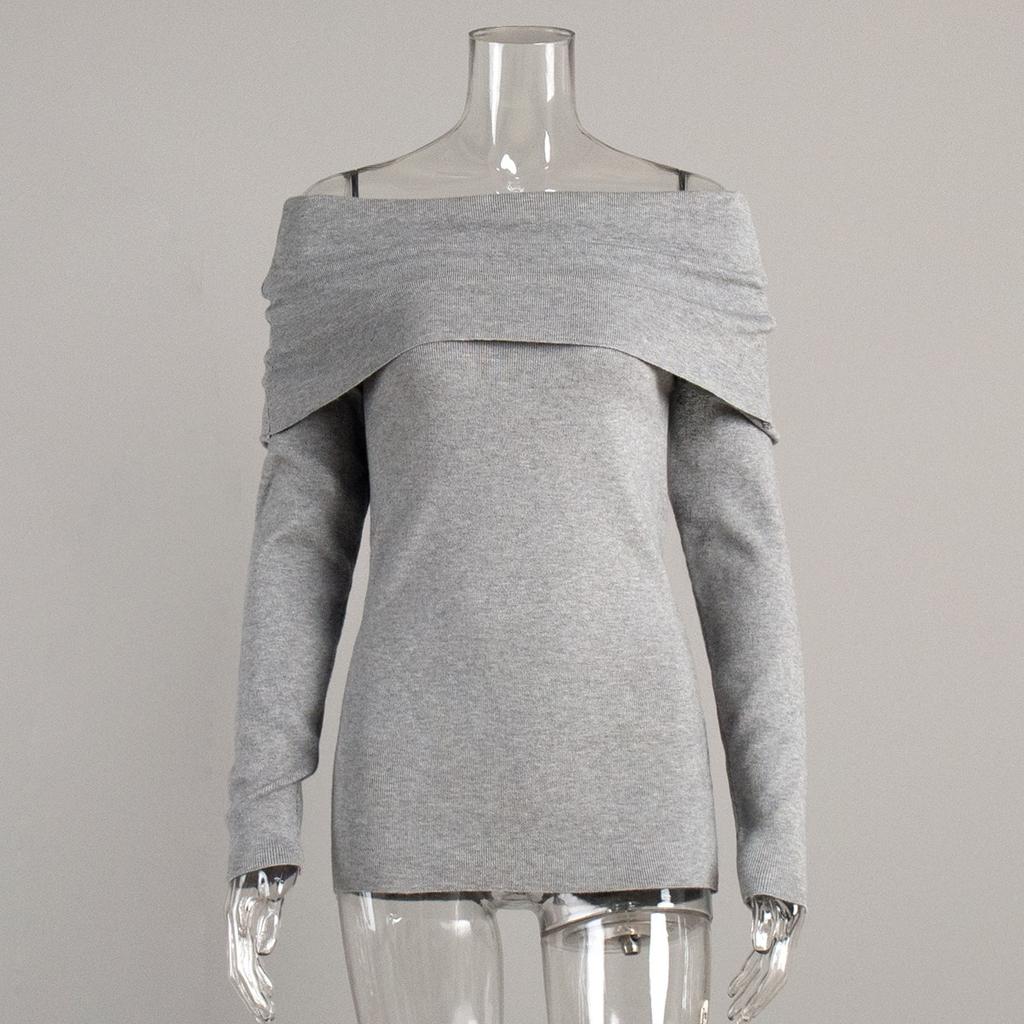 2025 Autumn Winter Women's Sweater Long Sleeve Knitted Crop Top Off Shoulder Sexy Slim Fit Basic Pullover