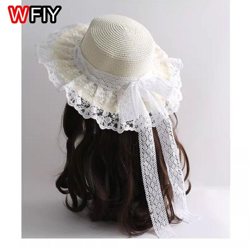 Forest Countryside Harajuku Women Girl Beach Sun Hat Sweet Lolita Kawaii Princess Ribbon Floral Lace Bow Straw Hat Handmade