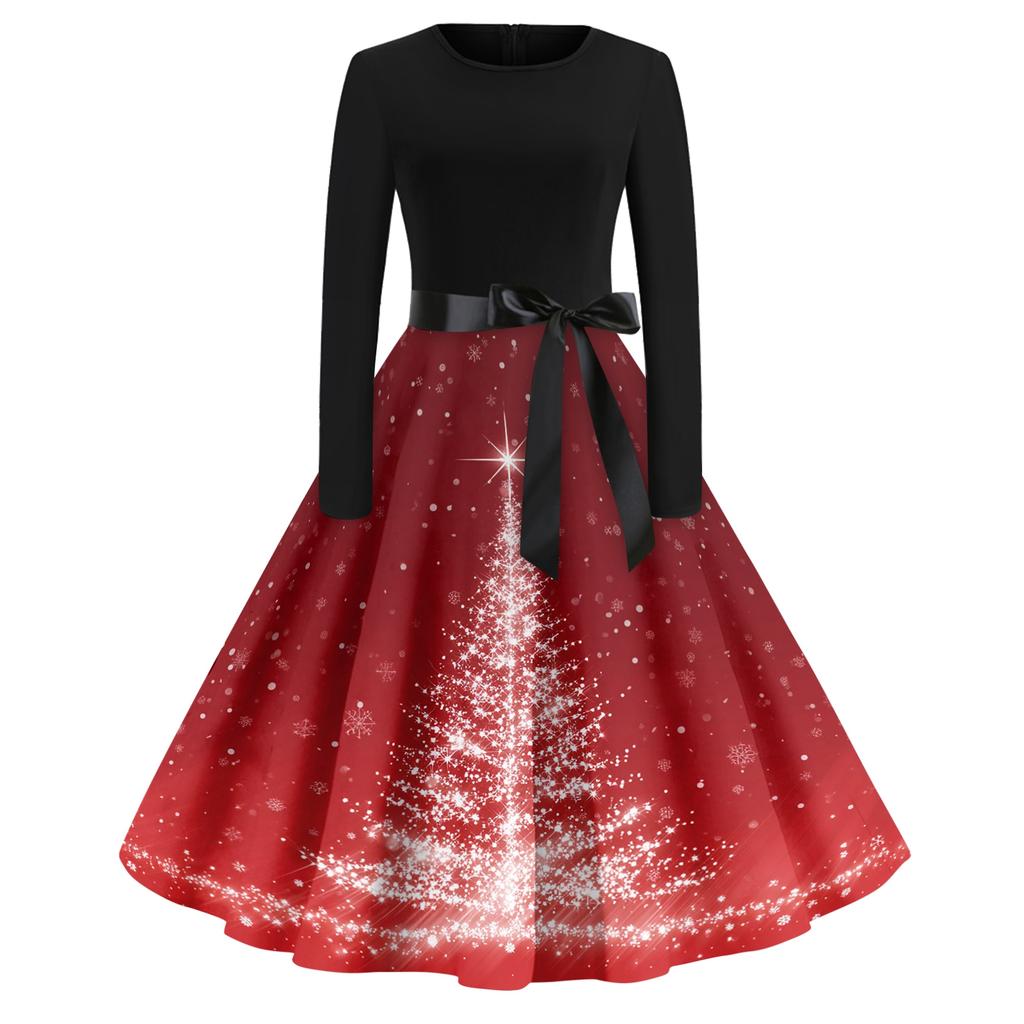 Women's Casual Fashion Round Neck Christmas Printed Vintage Dress
