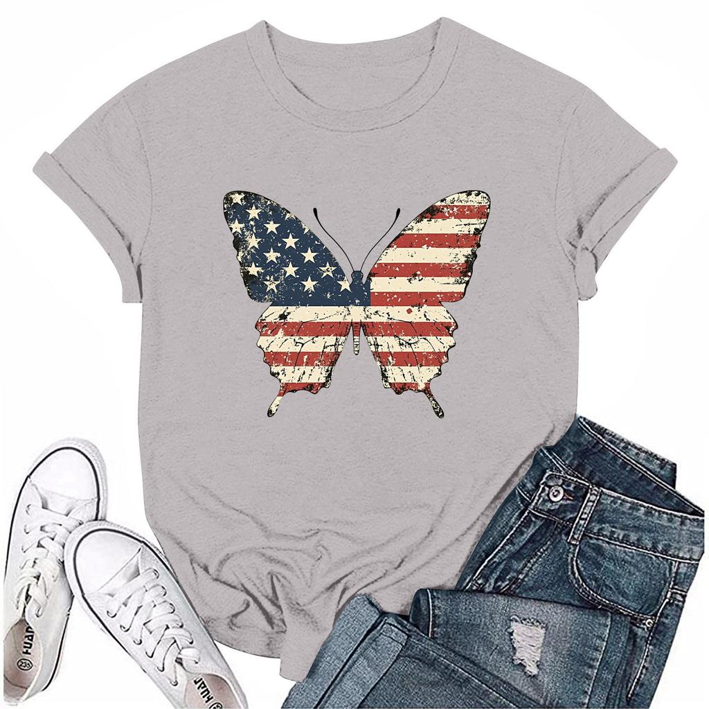 Adults Casual Daily Round Neck Independence Day Printed Short Sleeved T-shirt Letter Top