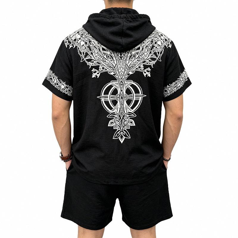 Men's European and American Casual Breathable Bamboo-Linen Hooded Shorts Set