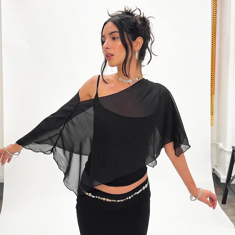European & American Style Women's Mesh See-through Camisole Top – Autumn/Winter, Irregular Design