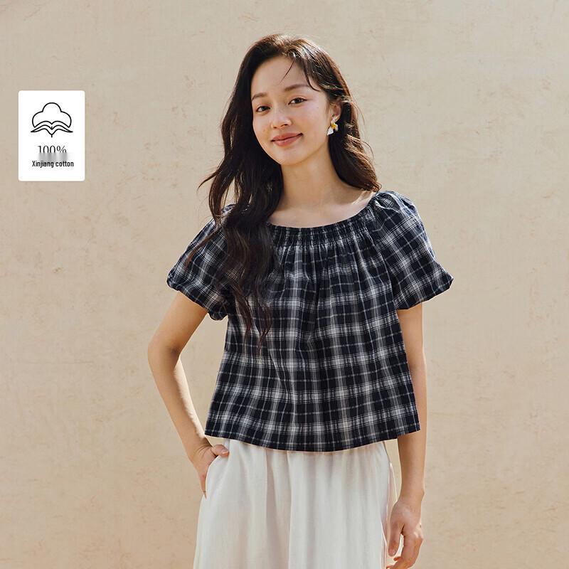INMAN Retro Plaid Off-Shoulder Puff Sleeve Blouse L