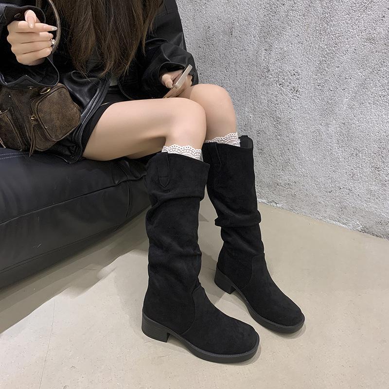 Pleated pile boots 2025 new thick heel knight boots fashion temperament but knee boots thick sole fashion boots tide