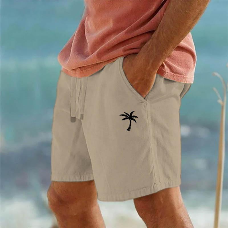 Cross-border New Coconut Printed Linen Shorts Drawstring Elastic Waist Solid Color Breathable Beach Five-point Casual Pants