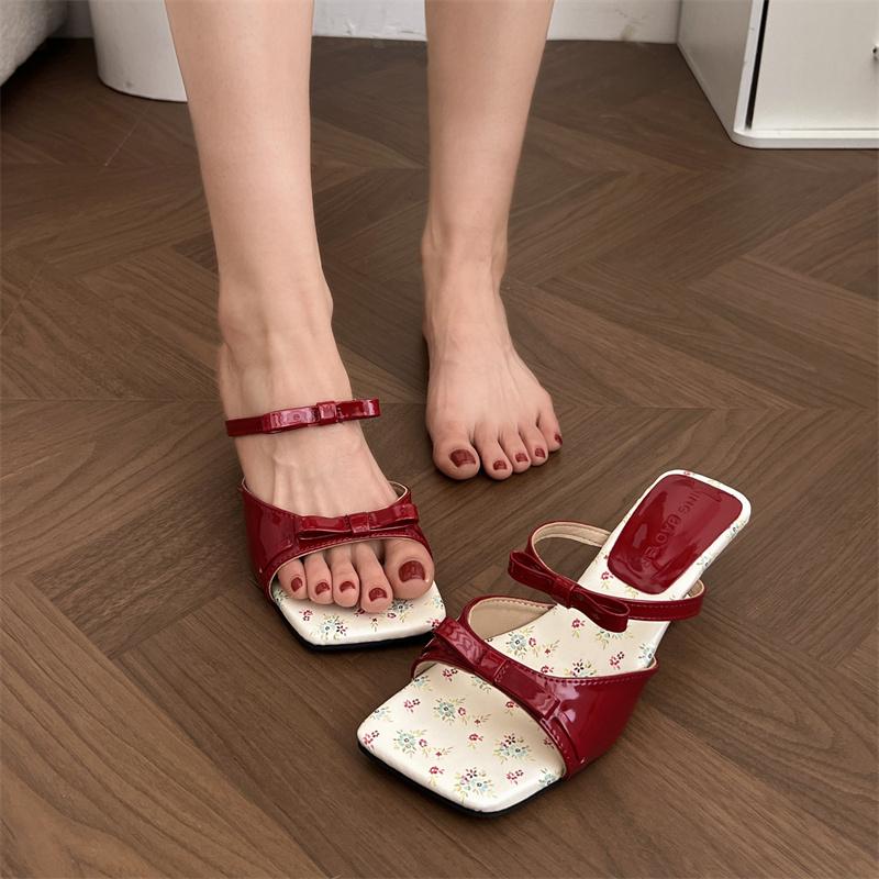 Fashion New Style Popular French Pink Bow Diamond High-heeled Slippers with Exposed Toes Sandals Shoes for Women Sandal Zapatos Mujer