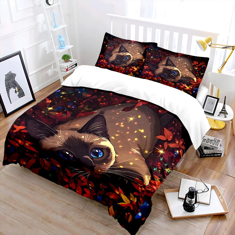 Cat lying among colorful leaves Print Soft Comfortable Duvet Cover Bedding Set Included 1*Duvet Cover 2*Pillowcases