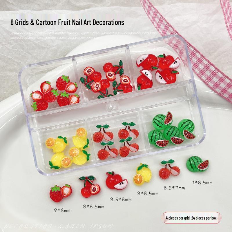 3D Fruit-Themed Nail Art Set: Cherry & Strawberry Resin Stickers with Rhinestones