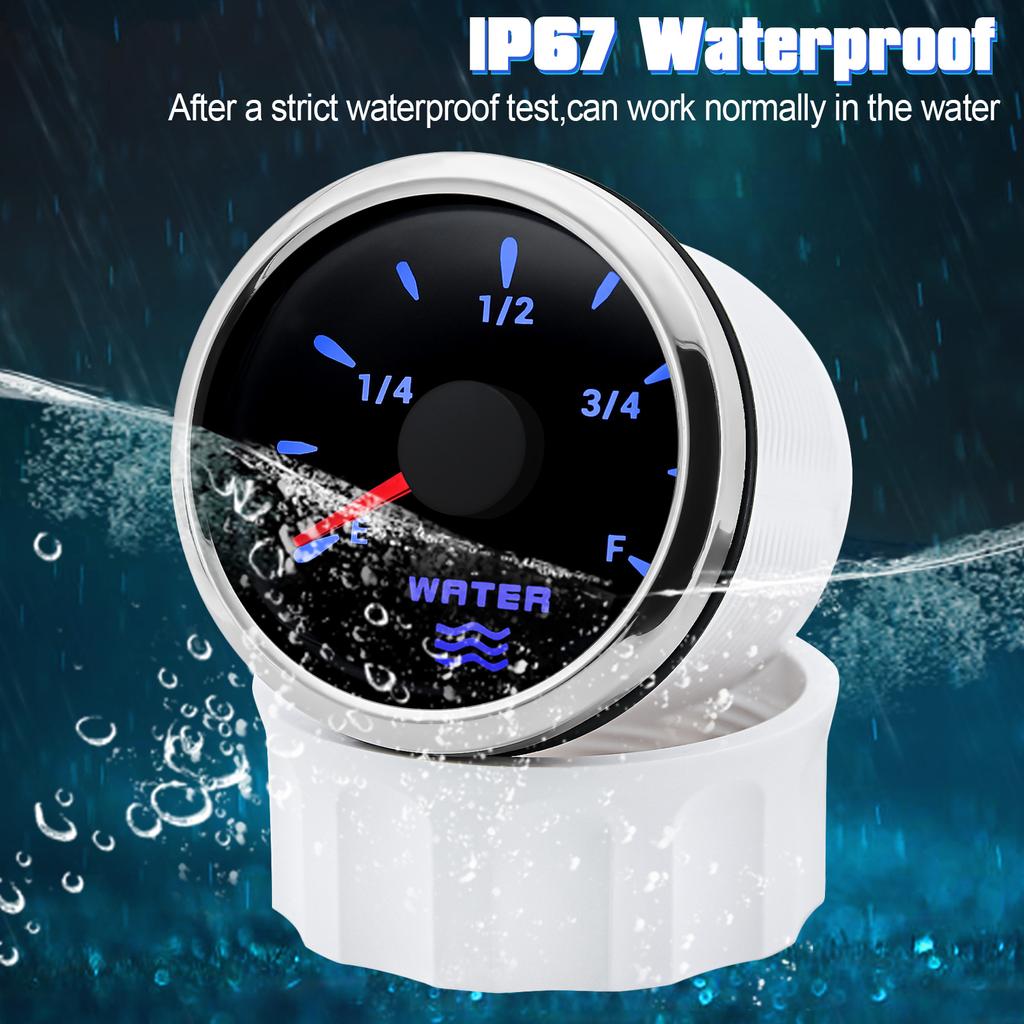 IP67 Waterproof Marine Meter 52mm Water Level Gauge Fit for 12-24v Boat Car Motor 7 Colors LCD Digital Display without Sensor