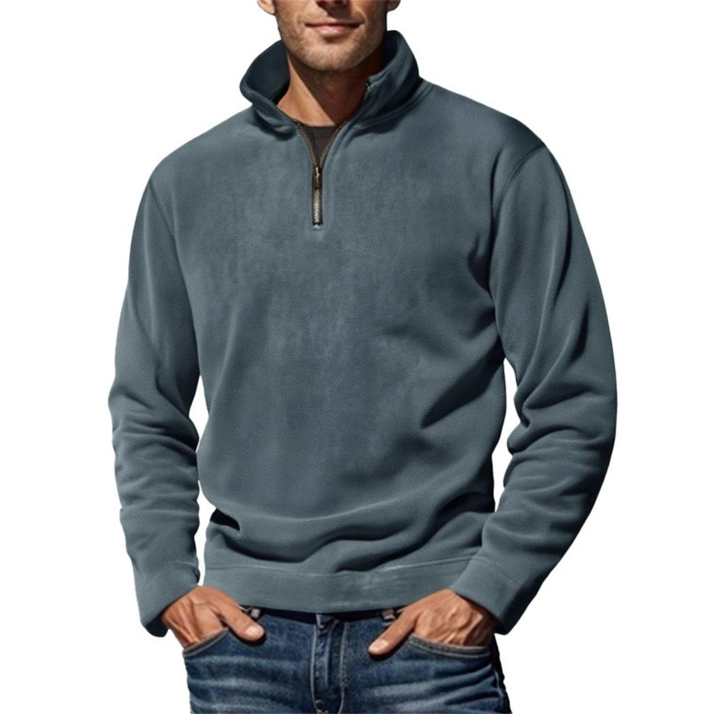 Men's Solid-color Casual Fleece And Pile Warm Jacket, Men's Stand-up Collar One-third Zipper Pullover Hoodie