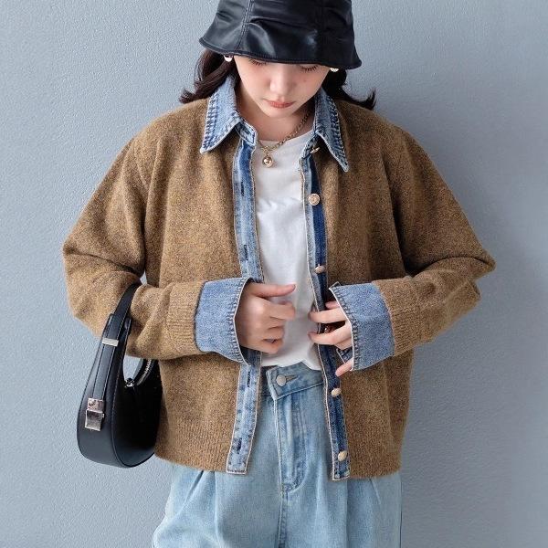 Women's Long Sleeve Knit Top O Neck Japanese Casual Sweater Faux Denim Patchwork Cardigan