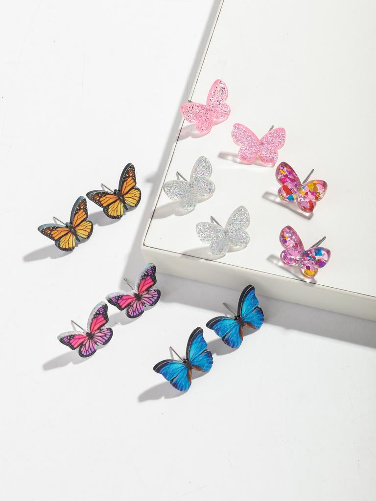 New 3pair/set Glitter Butterfly Acrylic Mini Stud Earrings for Women Girls Cute Colorful Moth Earring 2025 Holiday Jewelry Gift